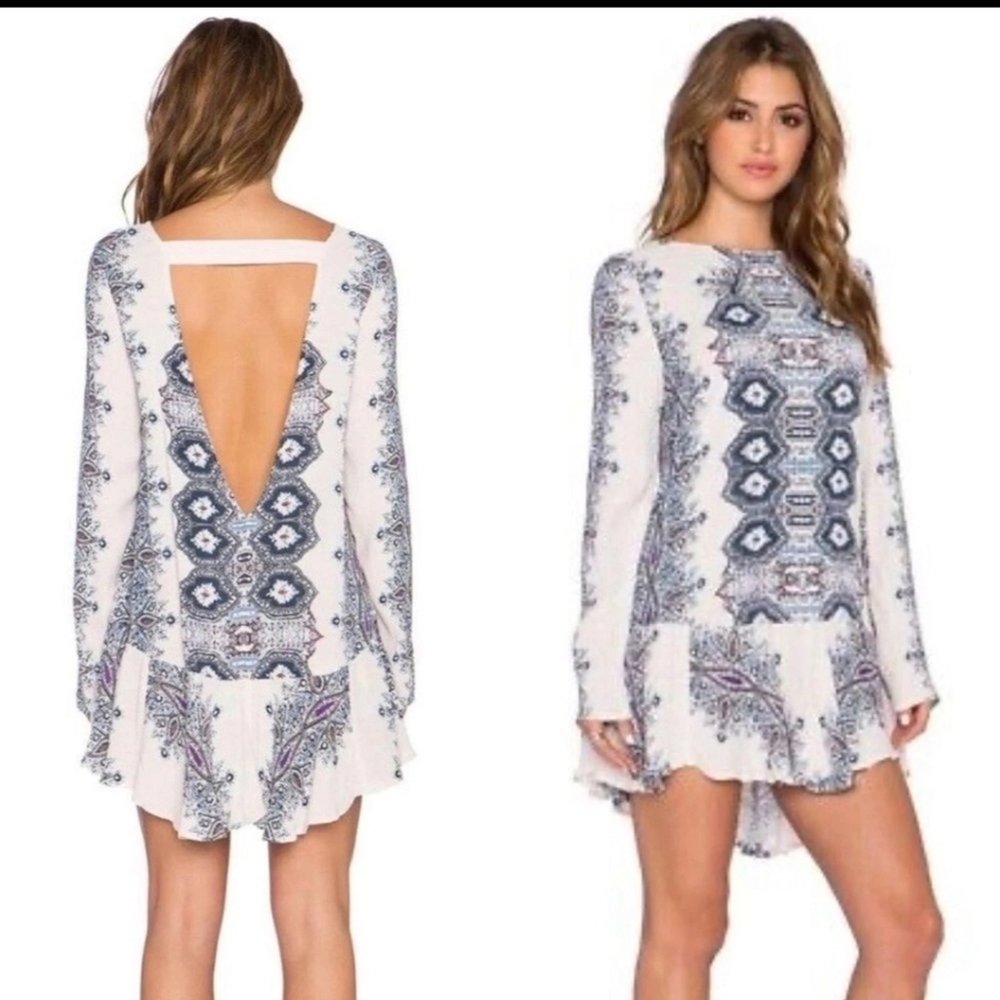 Free People Smooth Talker Tunic Dress Cream/Blue Sz S
